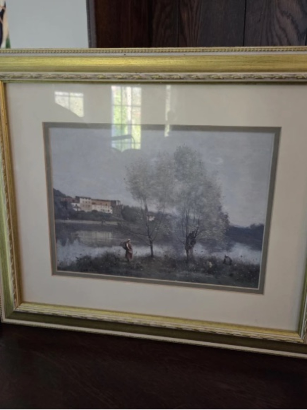 Gold-Framed Riverside Landscape Wall Art in Blue and Green